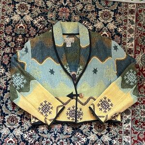 New Directions Blue and Yellow cropped Patterned Cardigan
